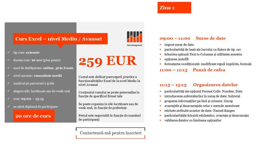 Consultanta Excel, meditatii Excel si curs Excel online de la 40 EUR