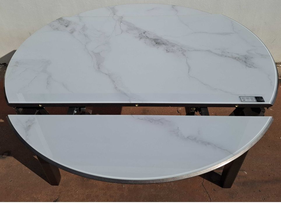 Masa MARMURA Alba cu insertii gri in valuri 150x90->150x150