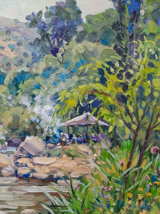 Картина маслом «Река Угам летом» (Рустам Мамбетов, 2026, 55×30 см) — о