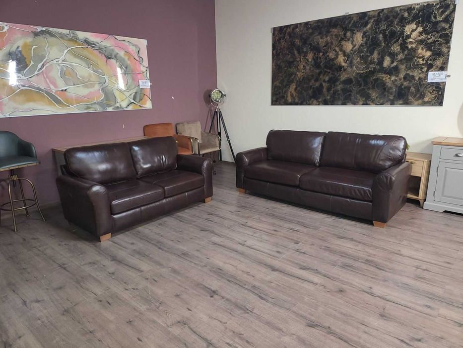 Кафяв кожен комплект дивани четворка и двойка с функция сън