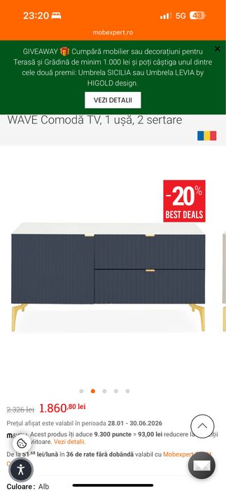 Comoda Tv 2 sertare 1 usa noua Mobexpert model waze fronturi mdf riflat carcasa pal picioare si manere metalice aurii de living sau dormitor