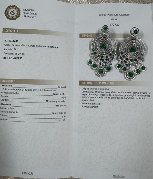 Cercei unicati Aur alb 18k cu Smaralde columbia si Diamante