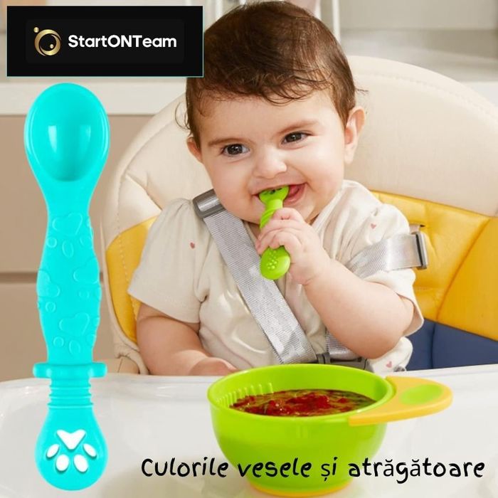 Set 2 Lingurite Bebelusi pentru Hranire Diversificare Turcoaz si Roz
