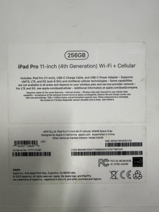 Ipad pro 11-inch 256gb  M2 chip wi-fi+cellular 5G LL/A 4th generation