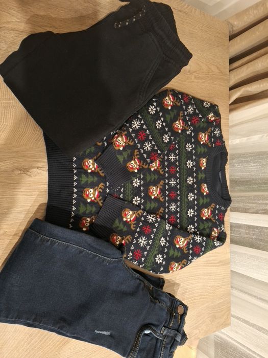 Лот от коледен пуловер за момче + дънки и термо панталон