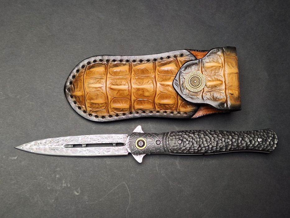 Сгъваем нож от дамаска стомана VG-10 с кожен калъф