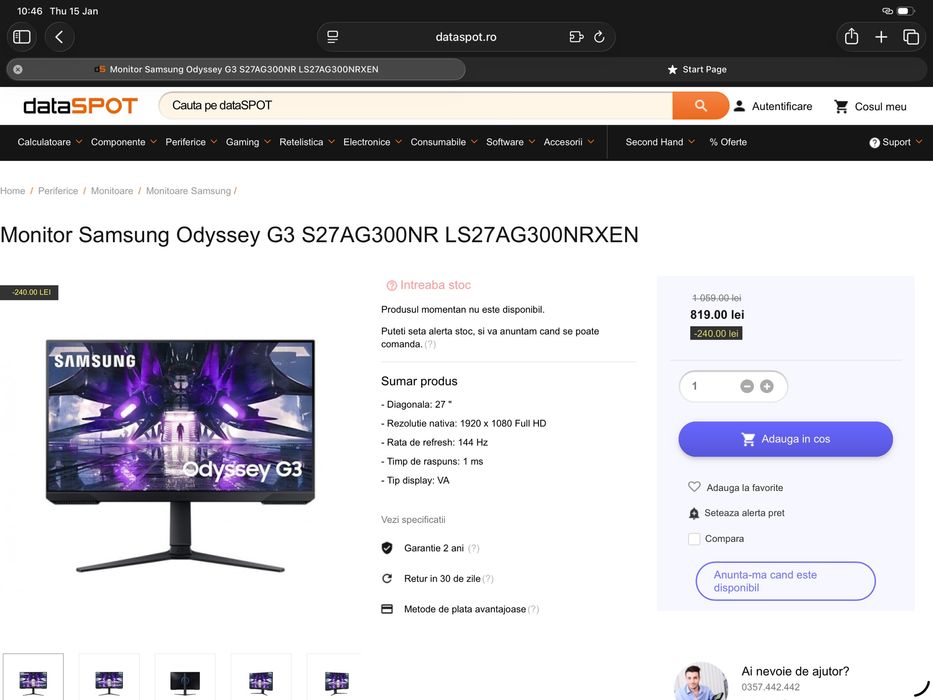 Samsung Odyssey LS27AG300 27” FullHD 144Hz ca nou garantie 2 ani