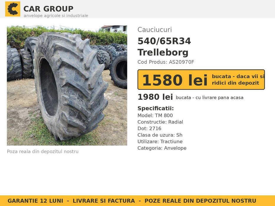 Anvelope Cauciucuri 540/65R34 540/65 R34 5406534 20.8R34 Trelleborg Tractor Punte Spate SH Second Hand 540/65-34 Verificata Garantie 1 An Factura