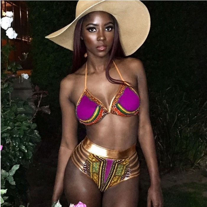 Costum de baie auriu cu talia inalta imprimeu boho