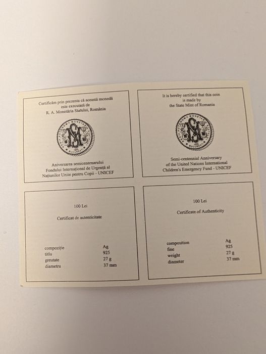 Moneda argint 100 Lei UNICEF 1946-1996 BNR