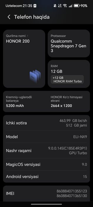 Honor 200 12+12 512 gbsotiladi ideal
