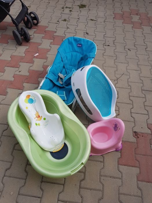 Căruță 3 in 1 , vană cu 2 suporturi pt cadă,  balansoar si oliță.