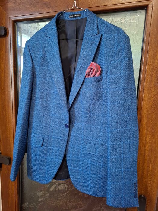 Costum bărbătesc Renzo Martinelli, albastru texturat, cu pantaloni și cravată, mărimea S