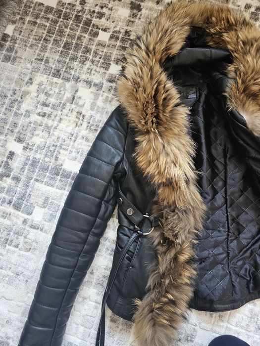 Дамско яке естествена кожа и естествен пух