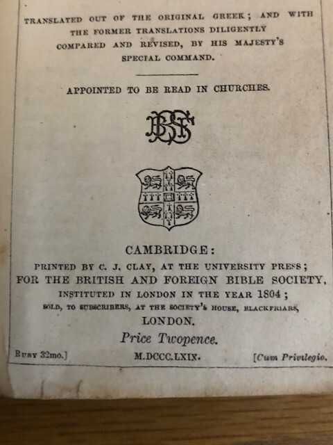 Biblia / Biblie buzunar veche , 1869 , in limba engleza, 10 X 6.5 CM