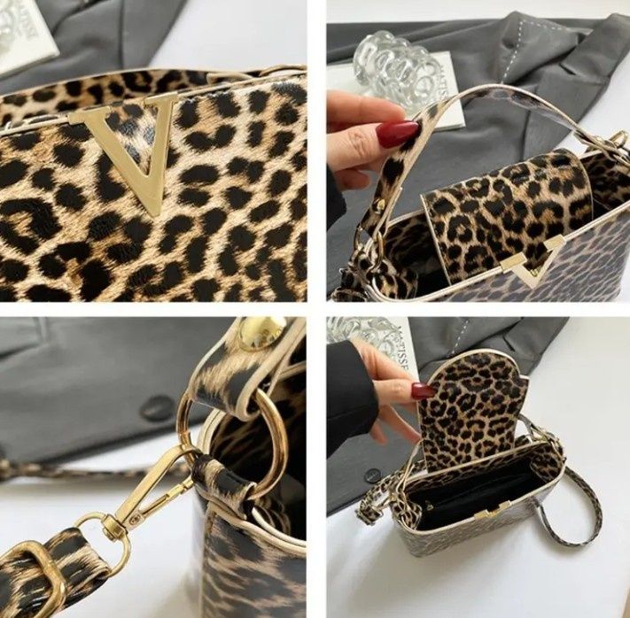 Geanta animal print, model Vltn,logo metalic auriu, saculet, etichetă