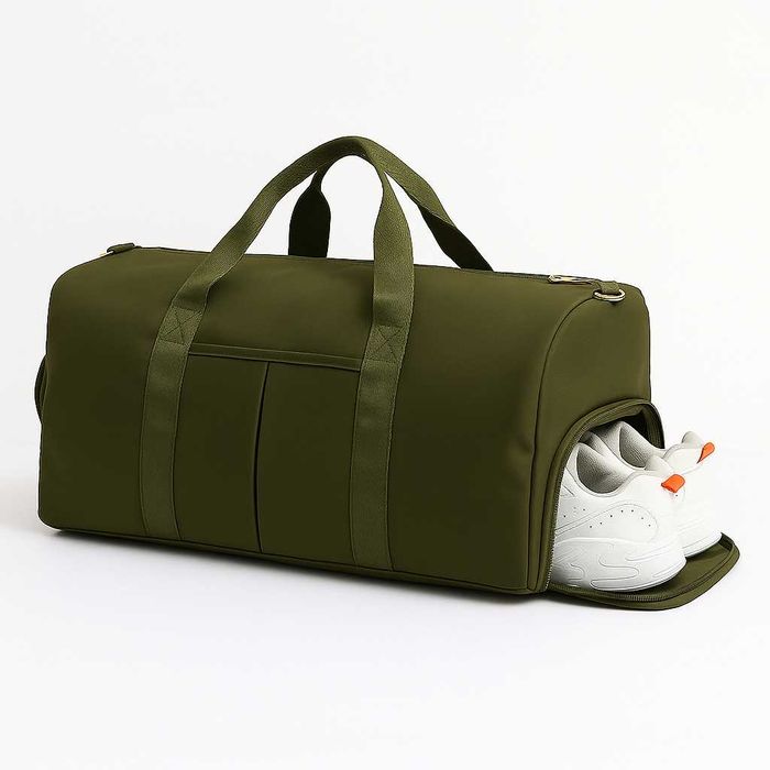 Geanta Sport, Buzunar Separat Impermeabil si Compartiment pentru Incaltaminte, 26cm x 47cm x 23cm, Neagra/Bej/Verde inchis, PriStyle®