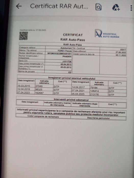 Ford focus 3 Sedan 1.6 tdci 2013 euro 5 225000 km