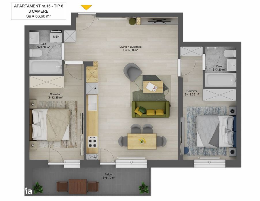 Apartament 3 camere nou, 66,66 mp utili + balcon, 2 băi Doamna Stanca