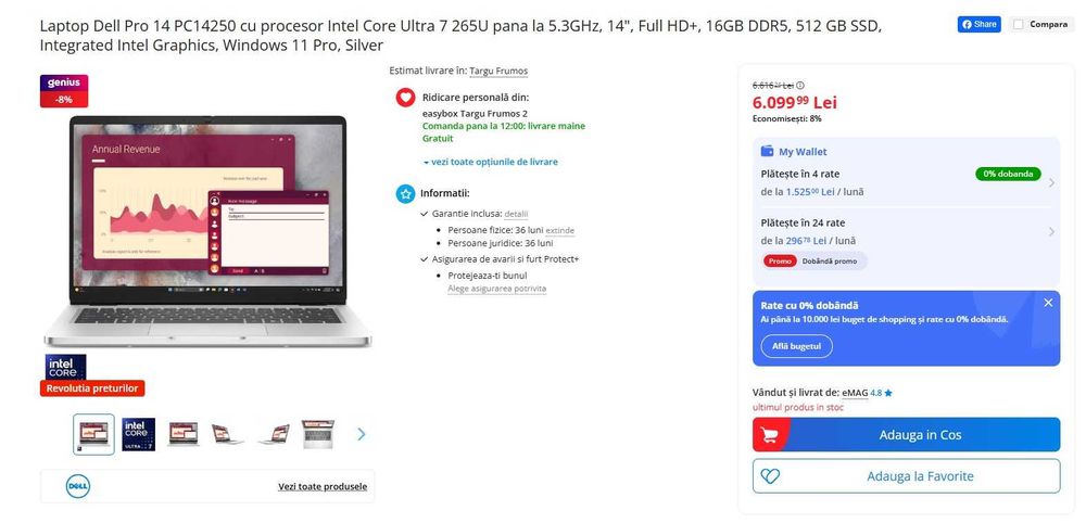 Laptop Dell Pro 14 PC14250 Intel Core Ultra 7 265U 14"