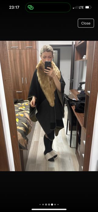 Poncho capa din lana cu guler de blana