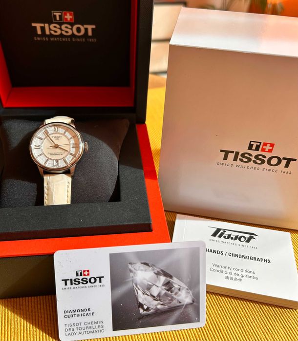 Дамски часовник TISSOT,Автоматиk ТИСОТ 32 диаманта, бял, сапфир стъкло