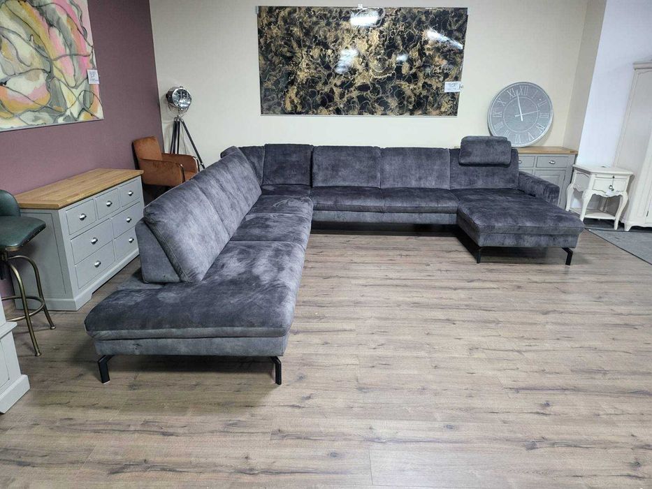 Голям сив П образен ъглов диван от плат с ел. лежанка "LS701521"