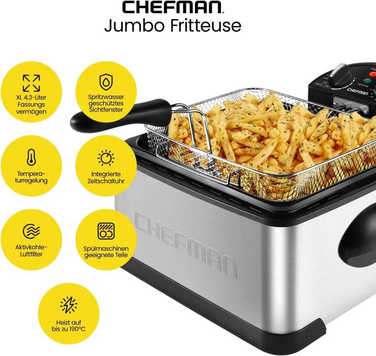 Фритюрник Chefman 4,3л с цедка, 1,2 кг пиле скариди пържени картофи