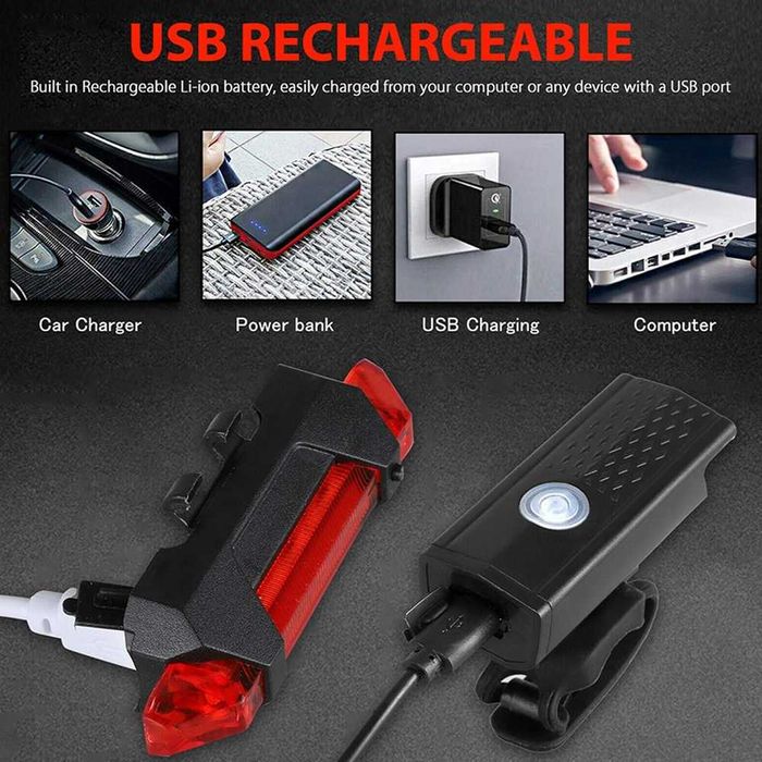LED Комплект за велосипед, Фар и Стоп Светлина - 800mAh/USB порт.