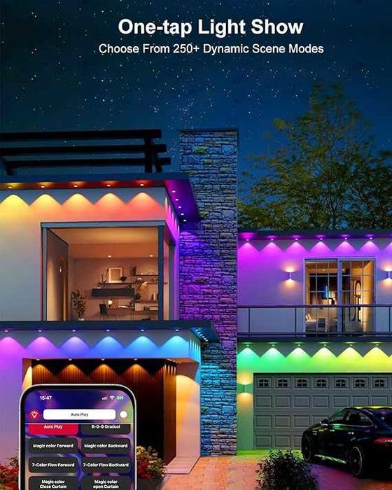 Iluminat exterior permanent de 60 m LED RGB IP67 cu aplicatie