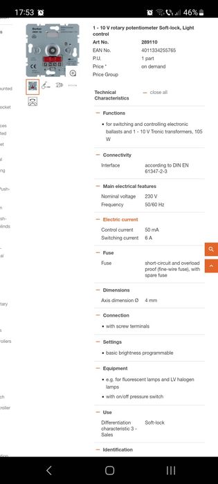 Dimmer 1-10V, 105w, marca Berker