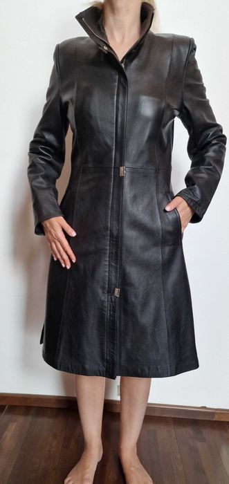 Haina lunga de piele, dama, negru, ca noua, masura 38