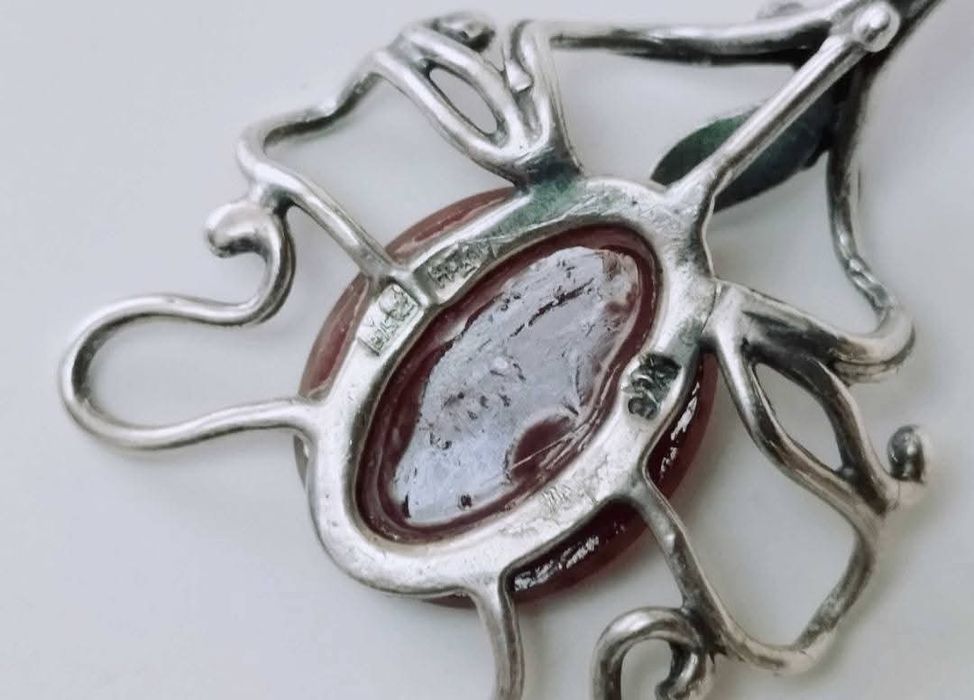 Vechi lant argint 835 cu pandantiv piatra carnelian argint 875, german