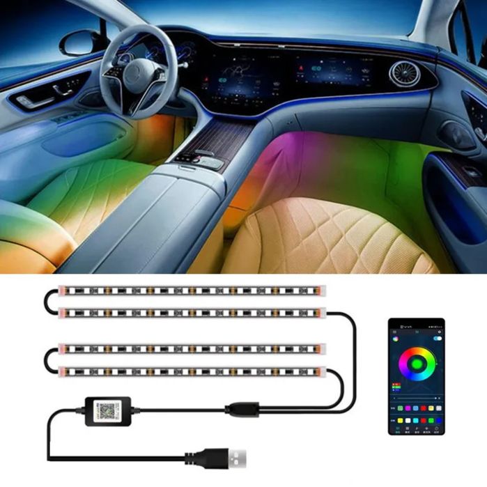 Set 4 Benzi LED Auto RGB Symphony Control Bluetooth Mufa USB 72 Leuri Banda