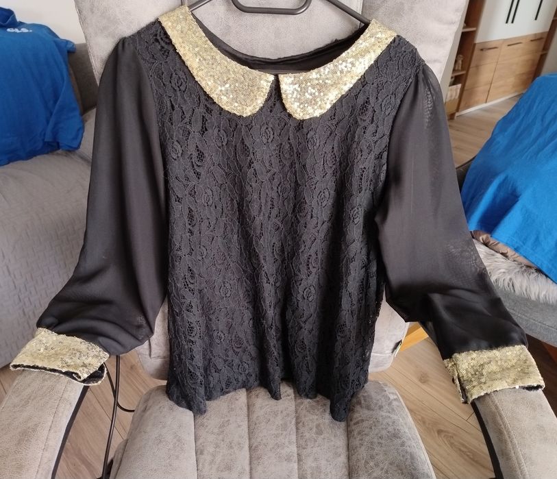 Bluza sobră și elegantă cu manșete și guler cu paiete