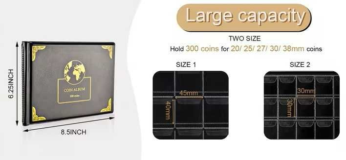 Чисто нов класьор / албум за монети  – 300 джоба (30 мм и 38 мм)