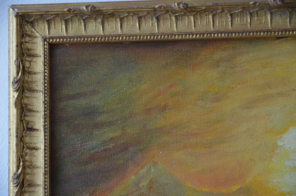 Tablou pictat ANGLIA anii 1960 / Pictutra pe panza / rama lemn aurie