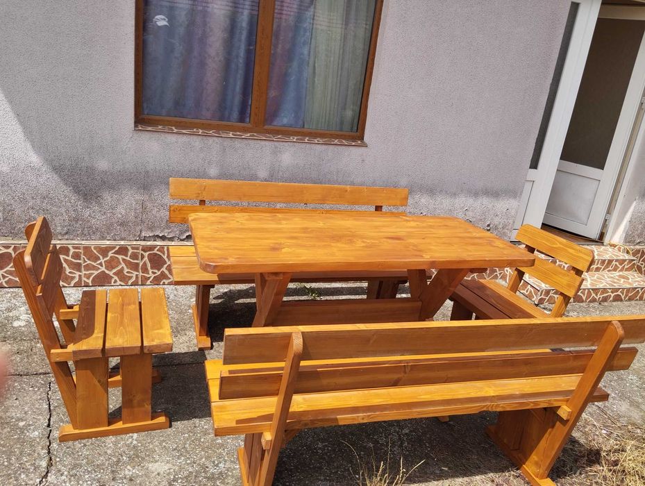 Set mobilier de gradina masa + bănci + scaune lemn masiv stejar