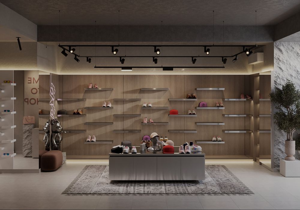 Дизайн интерьер магазин одежды  кроссовок минимализм