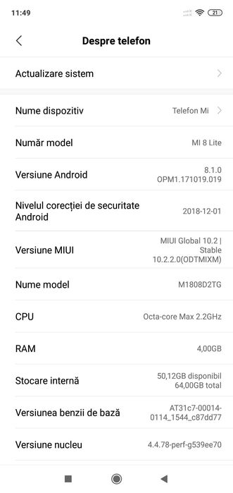Telefon smart Xiaomi Mi8 Lite, 4G, dual sim, inregistrare apeluri