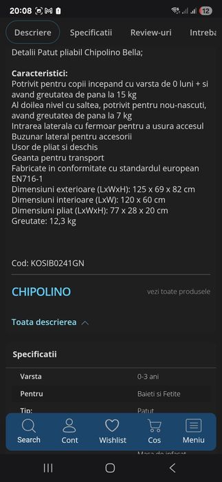 Pătuț pliabil Chipolino granite plus saltea