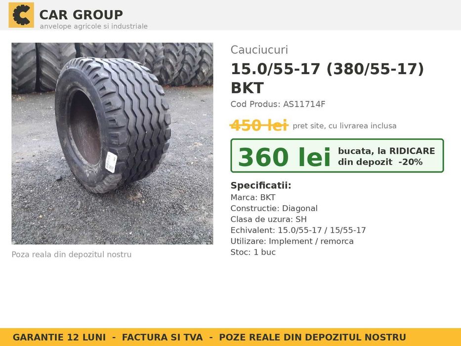 Cauciucuri 15.0/55-17 15/55-17 380/55-17 BKT ANVELOPE Remorca Presa Baloti Imprastietoare Cisterna Flotatie SH GARANTIE Factura TVA Livrare Tara