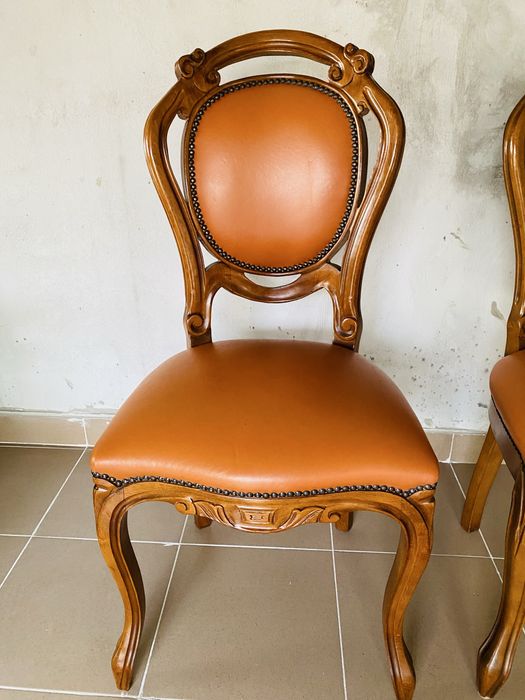 Set 2 Scaune Vintage Lemn Masiv Piele Sculpturi
