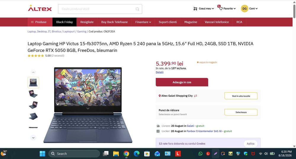 Laptop Gaming HP Victus 15 | Ryzen 5 (5GHz) | RTX 5050 8GB | 24GB RAM | 1TB SSD | NOU | Garanție 2 ani