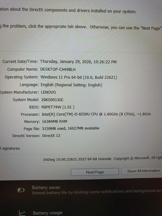 Lenovo Thinkpad E580,Ecran15"FHD,Cpu i5,Ram16gbDDR4, SSD256,Windows 11