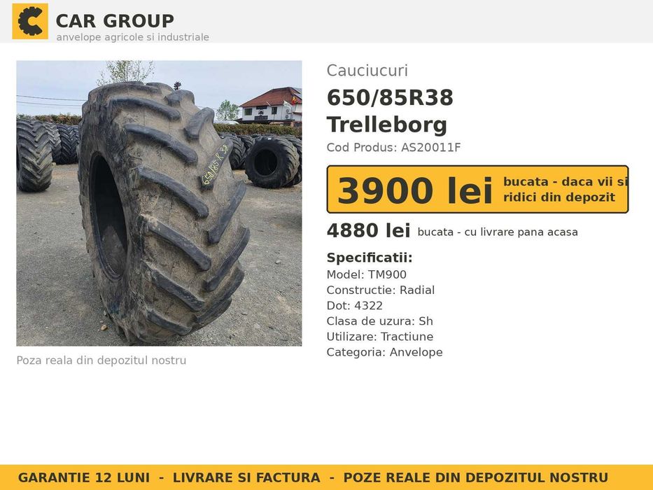 Anvelope Cauciucuri 650/85R38 24.5R38 650/85 R38 650/85-38 650 85 R38 6508538 Trelleborg Tractor Punte Spate Tractiune SH Second Hand STOC REAL Oferta