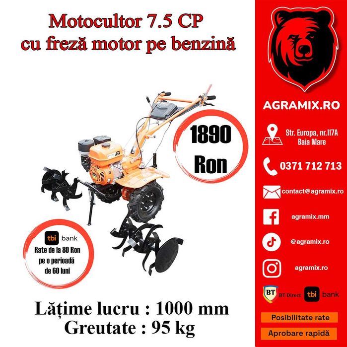 Motocultor 7.5 CP cu freza, latime lucru 100cm nou Agramix