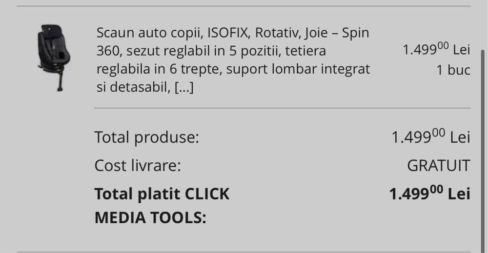 Scaun auto copii Joie Spin 360 cu ISOFIX – stare foarte bună