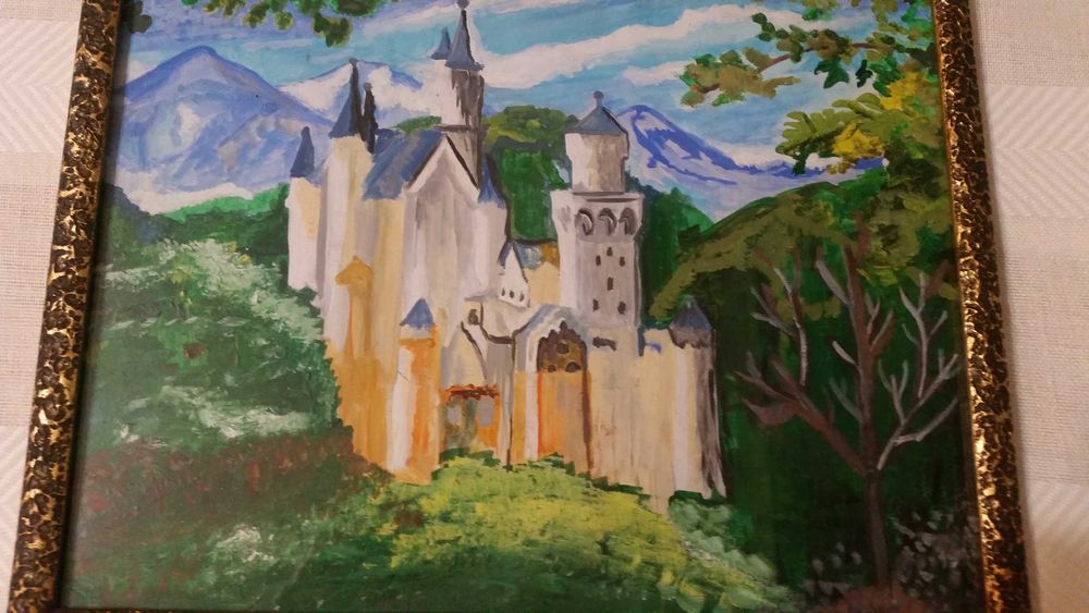 Рисувана картина на най хубавия  дворец в южна Германия. Нойшванщейн.