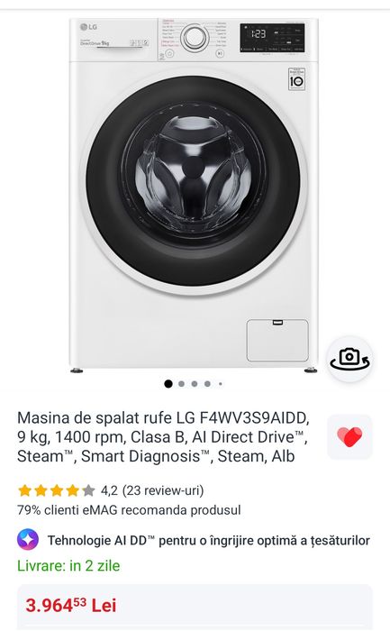 Masina de spalat rufe LG F4WV3S9AIDD, 9 kg, 1400 rpm, Clasa B, AI Direct Drive™, Steam™, Smart Diagnosis™, Steam, Alb
